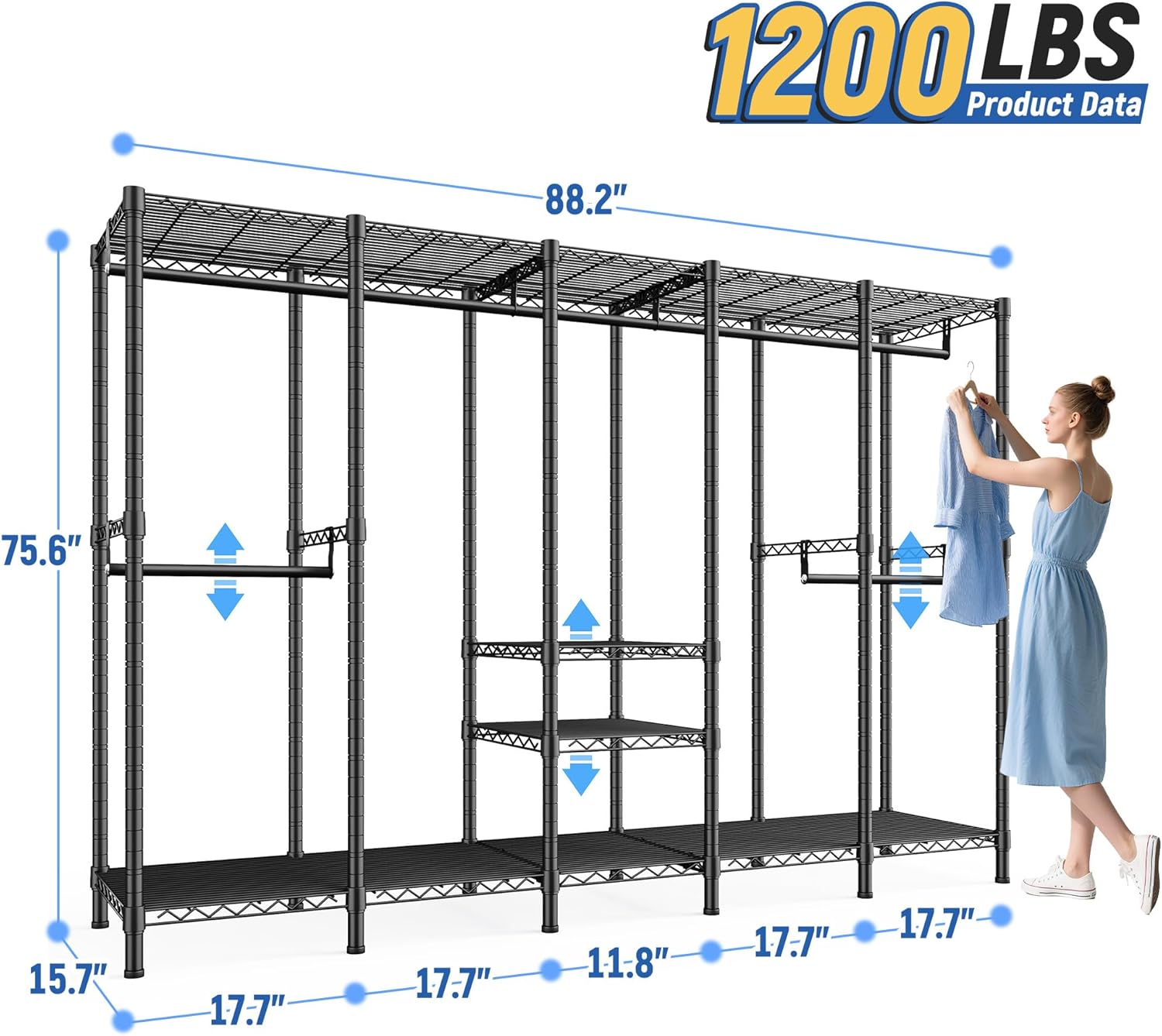 Raybee 88.2" W Clothes Rack Heavy Duty Clothing Racks for Hanging Clothes Extra Wide Portable Closet Loads 1200LBS Freestanding Garment Rack for Bedroom 88.2" W x 75.6" H x 15.7" D, Black