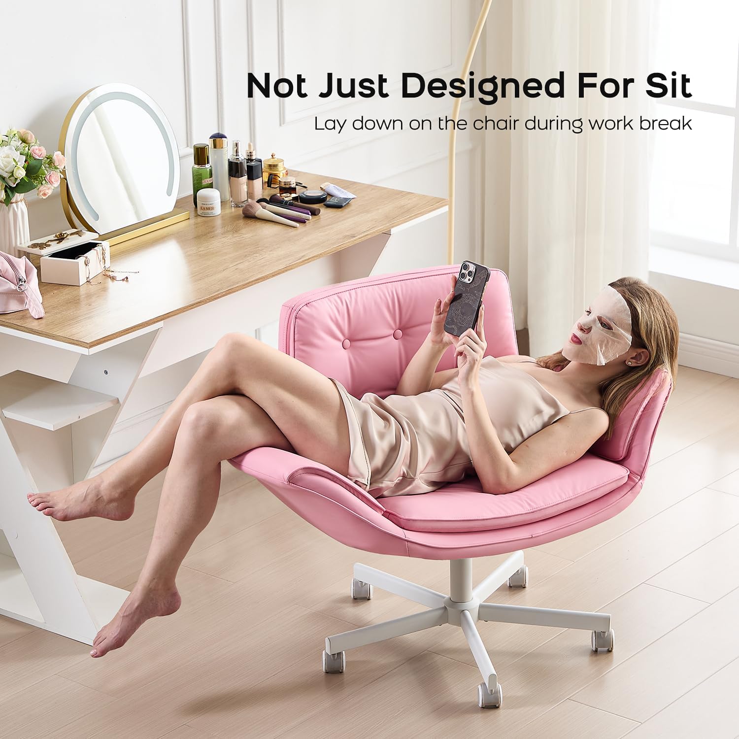 amseatec Criss Cross Chair with Armrests & Wheels, PU Leather Vanity Chair, Comfortable Adjustable Swivel Computer Office Desk Chairs for Home, Make Up, Bed Room (Pink)