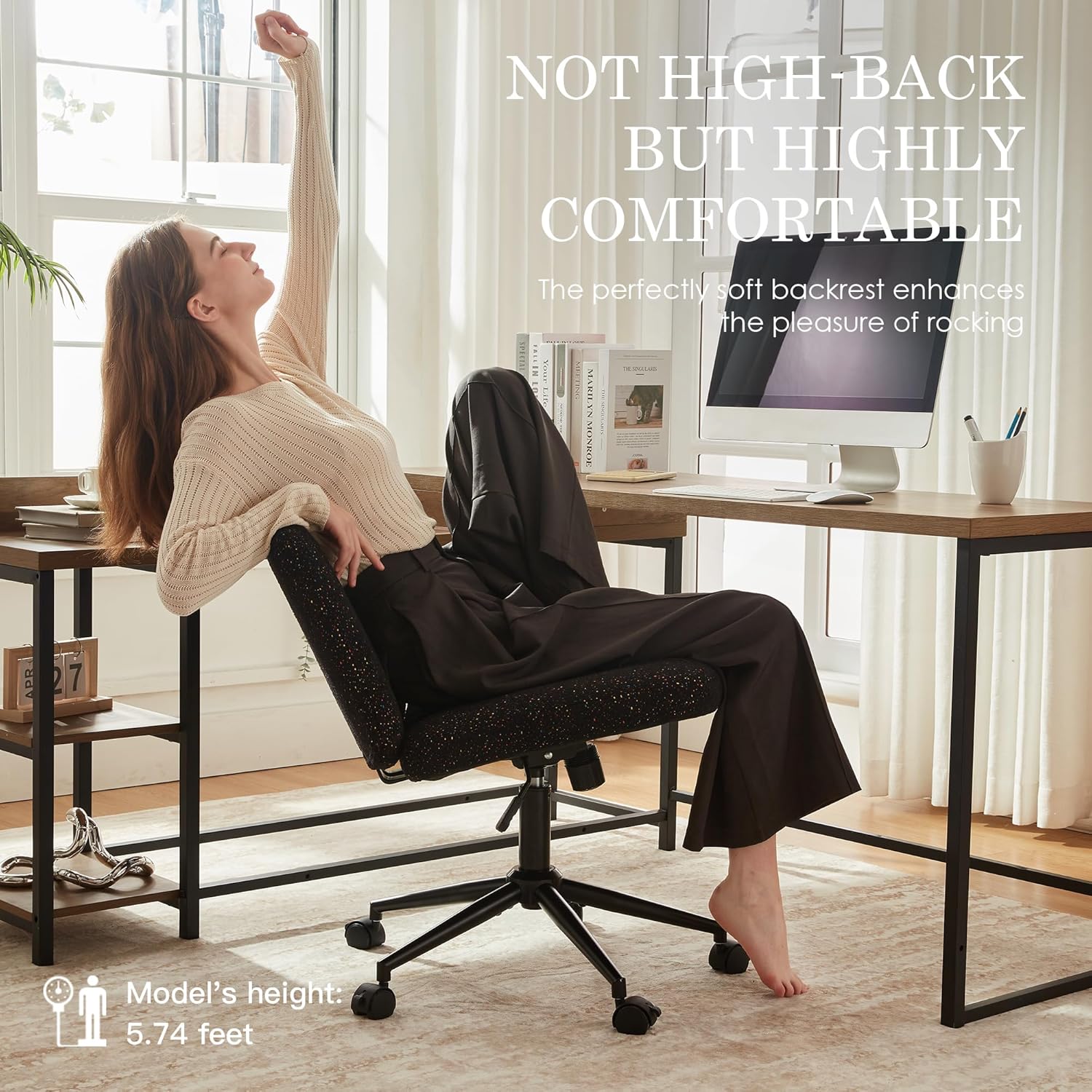 Dowinx Criss Cross Chair with Wheels, Preminum Fabric and Pocket Spring Cushion, Adjustable Swivel Wide Seat Computer Chair, Morden Design Vanity Chair Black
