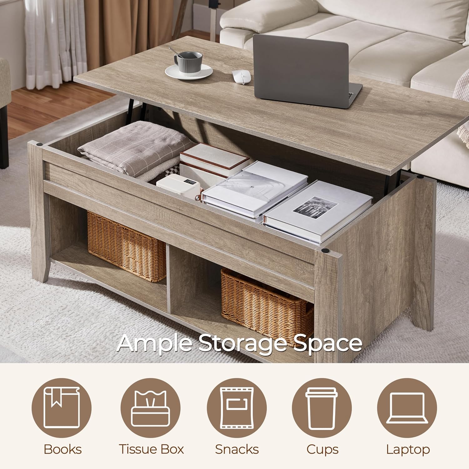 Yaheetech Lift Top Coffee Table with Hidden Storage Compartment & Lower Shelf, Lift Tabletop Farmhouse Table for Living Room Office Reception, 47.5in L, Gray