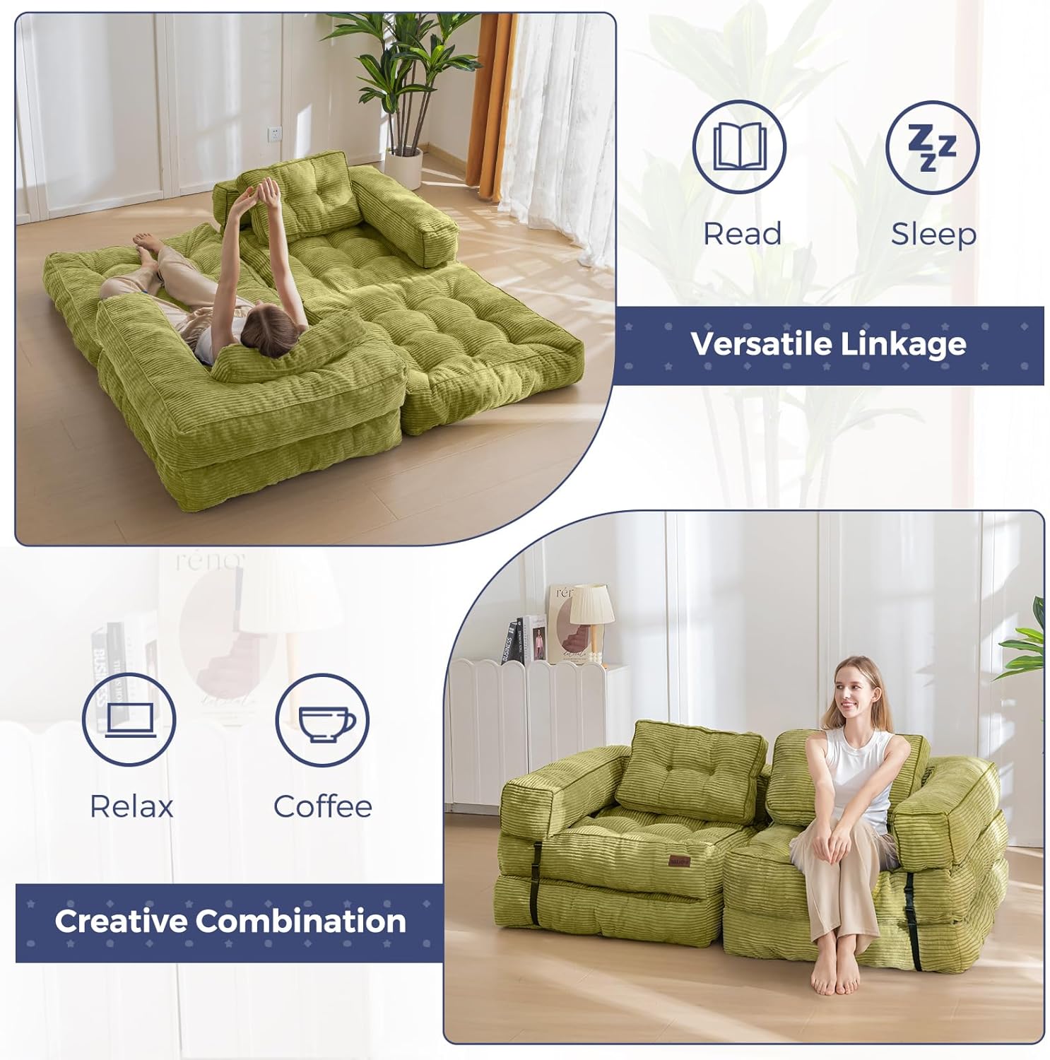 MAXYOYO Folding Sofa Bed, L-Shaped Convertible Sofa Bed with Armrest Foldable Sleeper with Pillow, Portable Fold Out Chair Bed Comfy Floor Sofa Lounge for Living Room Bedroom, Green