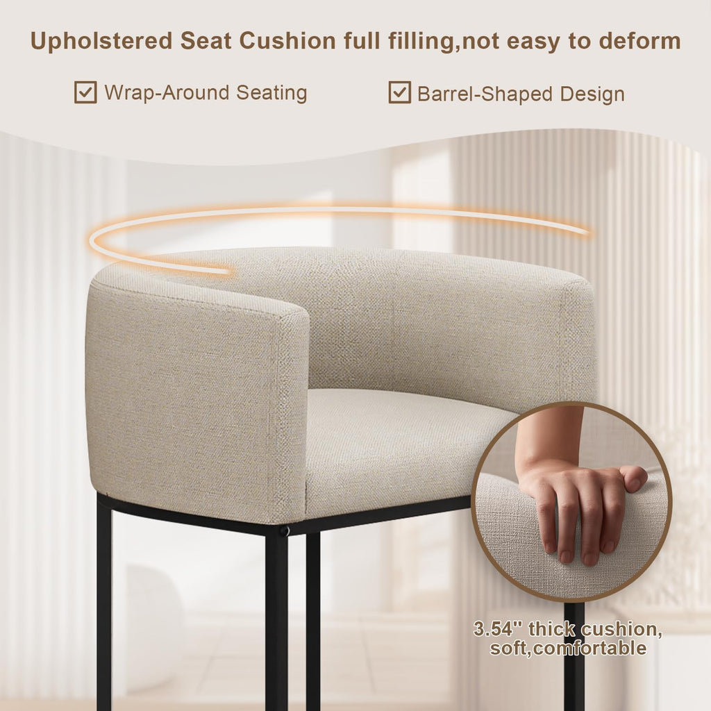 26" H Counter Height Bar Stools Set of 3, Modern Barrel Counter Stools with Backrest and Arms, Linen Fabric Upholstered Accent Barstools for Kitchen Island,Support 450 LBS (Beige)