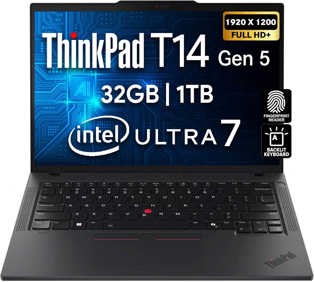 Lenovo ThinkPad T14 Gen 5 AI Business Laptop  14" FHD+ Display  Intel Ultra 7 155U  32GB DDR5 RAM  1TB SSD PCIe  Fingerprint  Backlit Keyboard  WiFi 6E + BT  RJ-45  HD Webcam  Win 11 Pro - Black