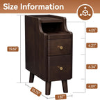 Narrow Nightstand with Drawers Set 2, Pre-Assembled Solid Wood Small Skinny Night Stand with Open Sliding Shelf Slim Bedside Table for Bedroom, Slim Side Table 2, Black Walnut, 8"
