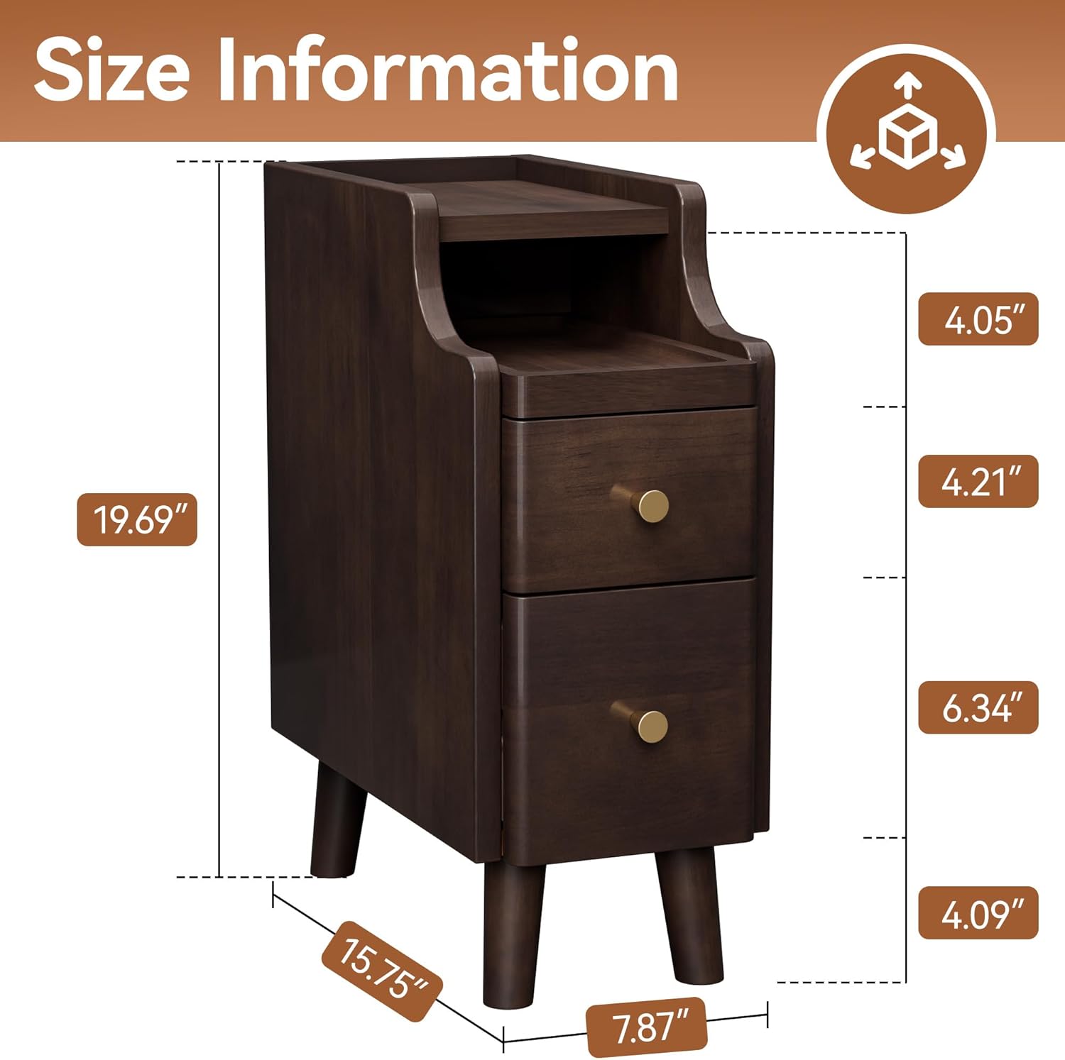 Narrow Nightstand with Drawers Set 2, Pre-Assembled Solid Wood Small Skinny Night Stand with Open Sliding Shelf Slim Bedside Table for Bedroom, Slim Side Table 2, Black Walnut, 8"