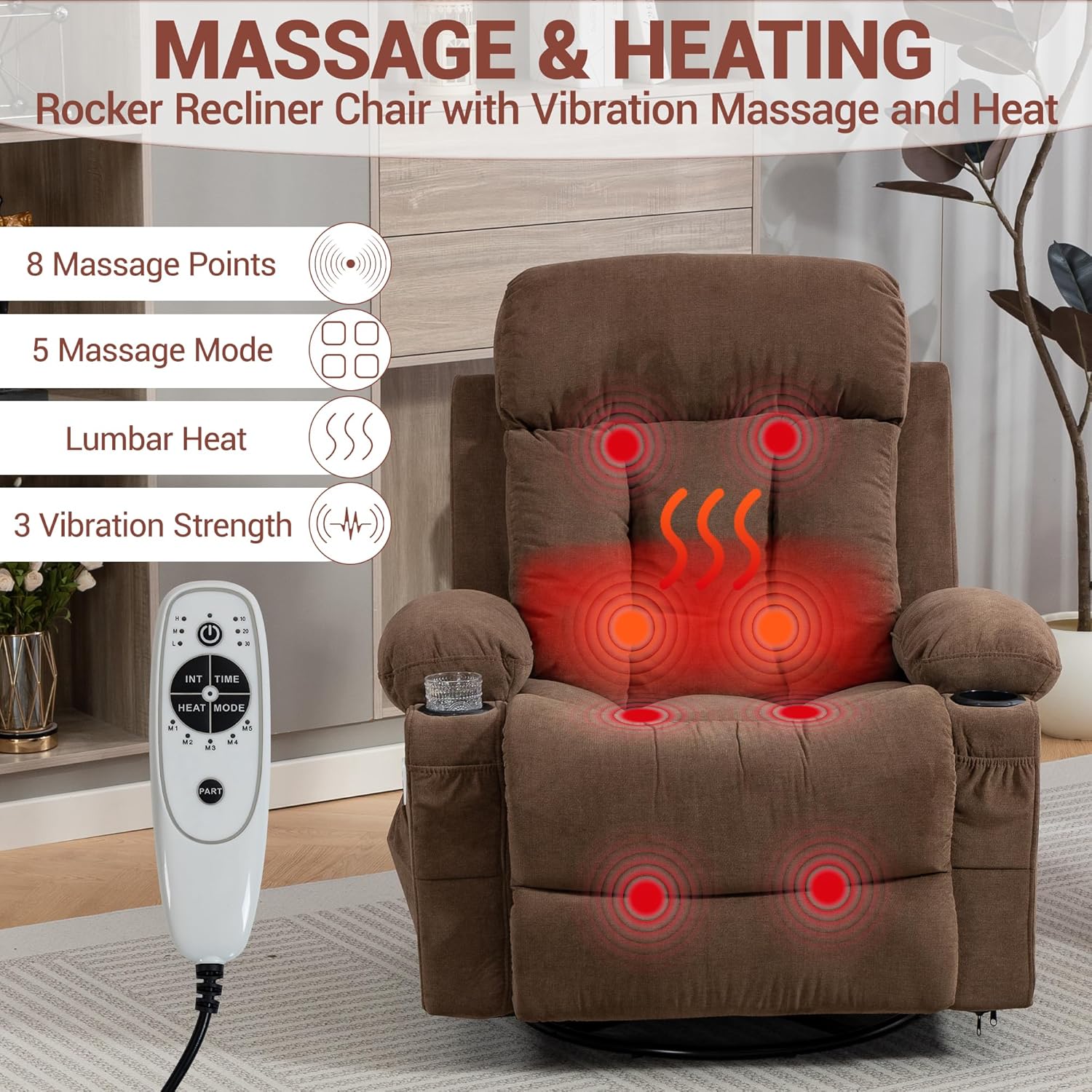 360° Swivel Rocking Chair, Rocker Recliner Chair with Vibration Massage and Heat, Ergonomic Lounge Chairs with Rocking Function and Side Pocket, Cup Holders, Brown