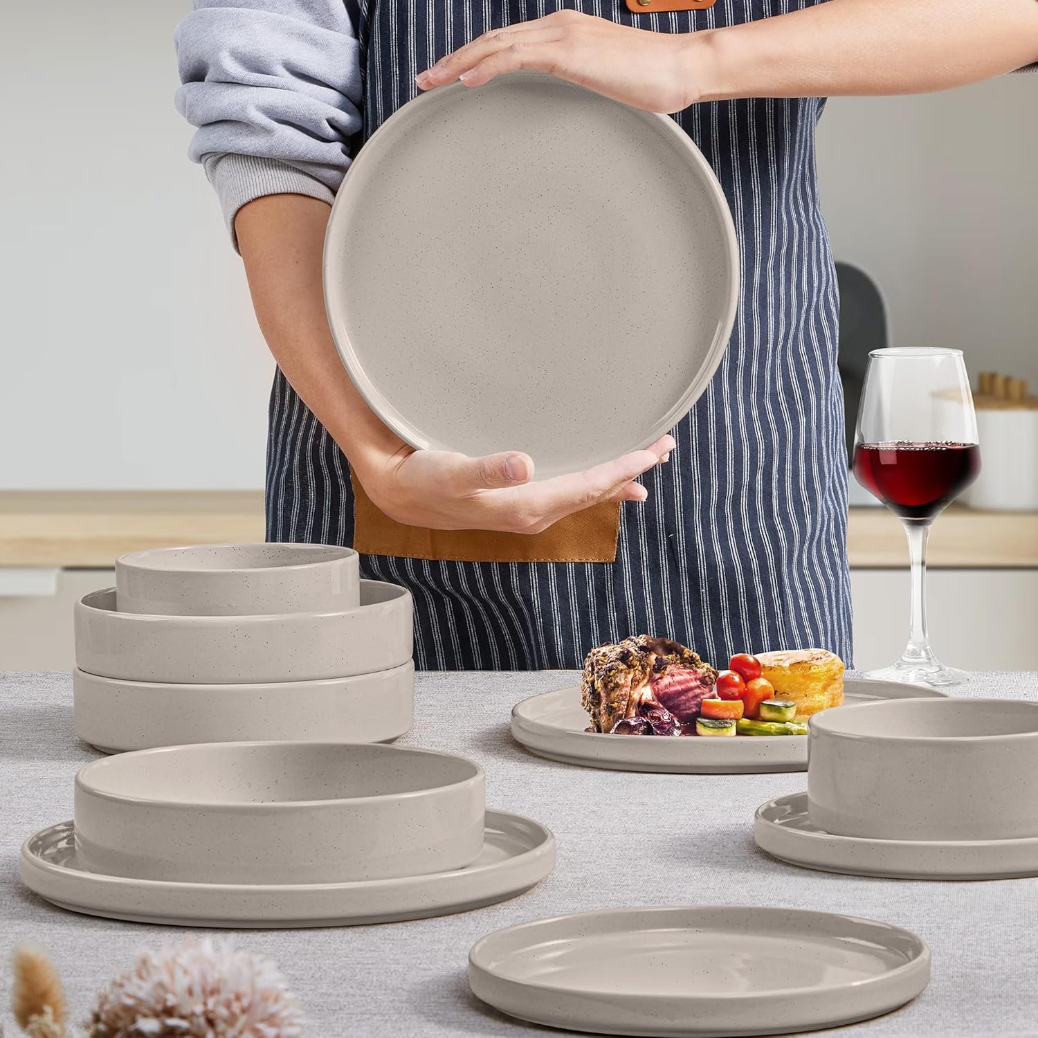 Herogo 8 Piece Plates and Bowls Set, Ceramic Dinnerware Sets with Pasta Bowls, Kitchen Dinner Ware Dishes Service for 2, Chip & Scratch Resistant Dishware, Speckled Coffee Brown