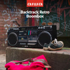 aiwa Retro Boombox BackTrack CD Player with Cassette Recording  Bluetooth 5.0  FM/AM Radio  USB/SD/AUX Inputs  VU Meters  LCD Display  Dual 40W Speakers (Black and Gold)