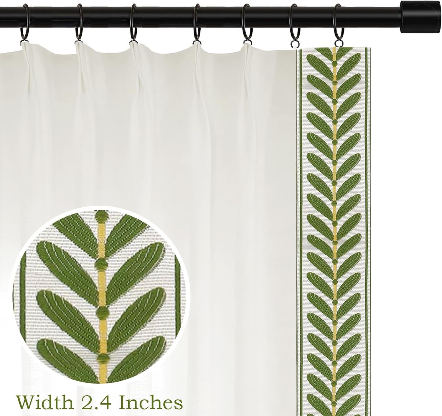 108 Inch Embroidery Trim Pinch Pleated Linen Curtains, Green Leaves Embroidery Decoration 2 Panels Window Panels with Light Filtering for Living Rooms and Bedrooms.40Wx108L,Beige White L1