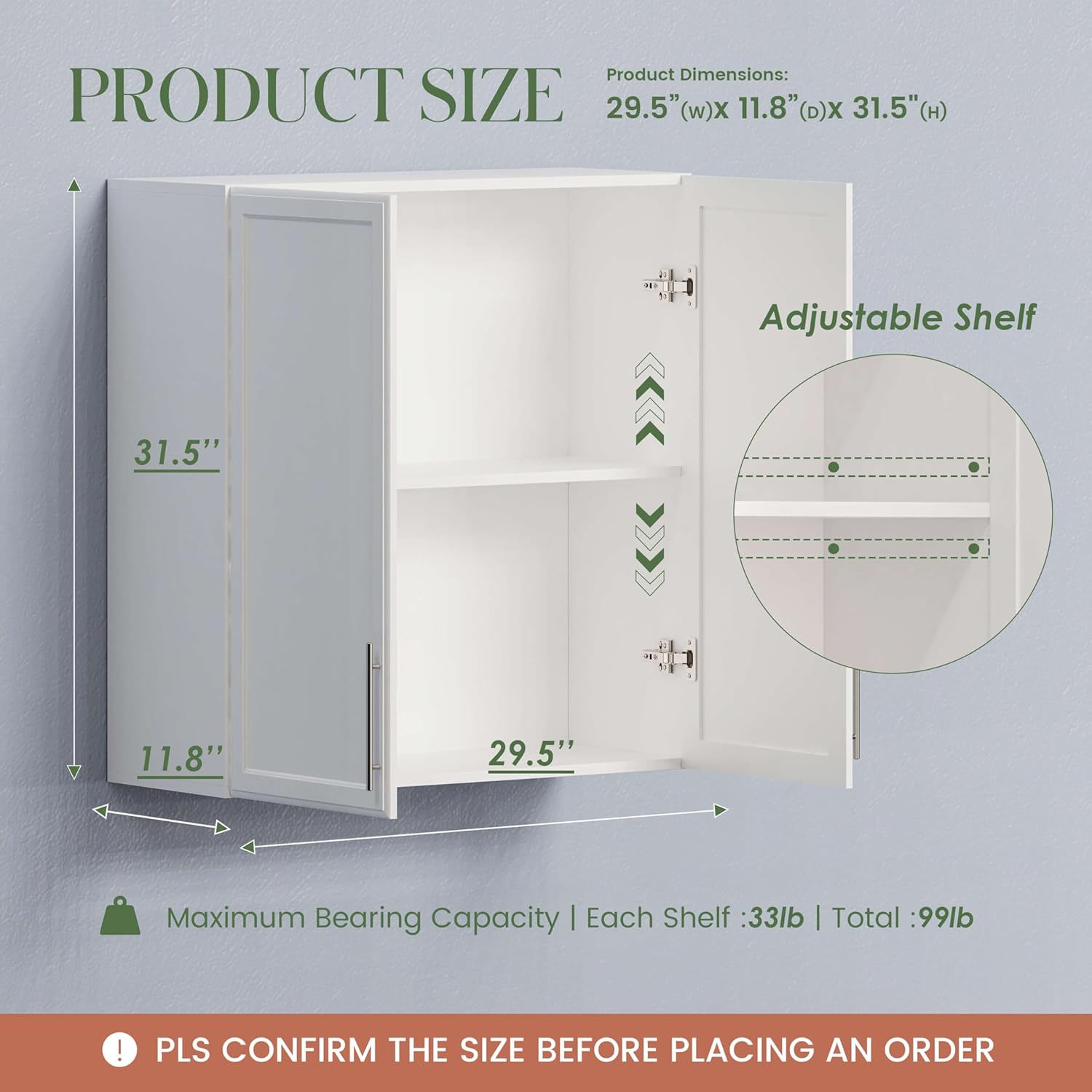 Wall Storage Cabinets - Large Kitchen Laundry Wall Amount Cabinets with Two Shaker Doors and Adjustable Shelf, One of 2pcs,in White