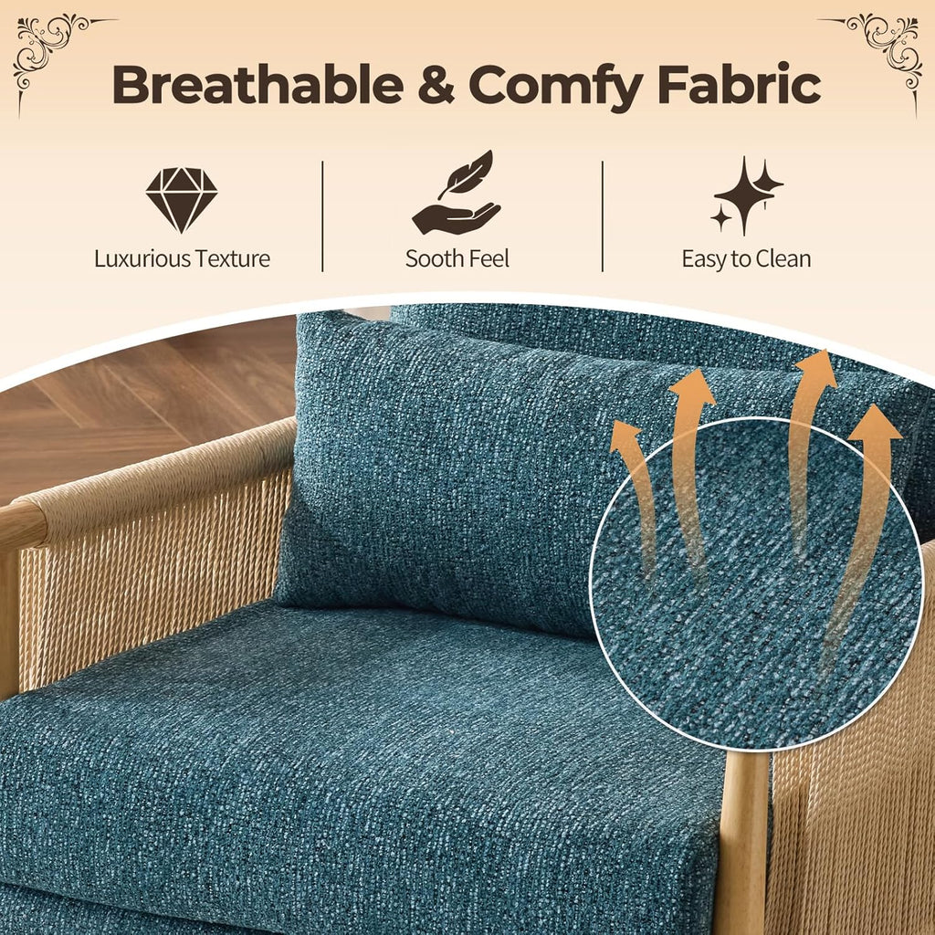 Karl home Cozy Chenille Accent Chair with Lumbar Pillow & Rattan Arms Modern Lounge Chair for Living Room, Bedroom, Reading Nook, Blue & Green