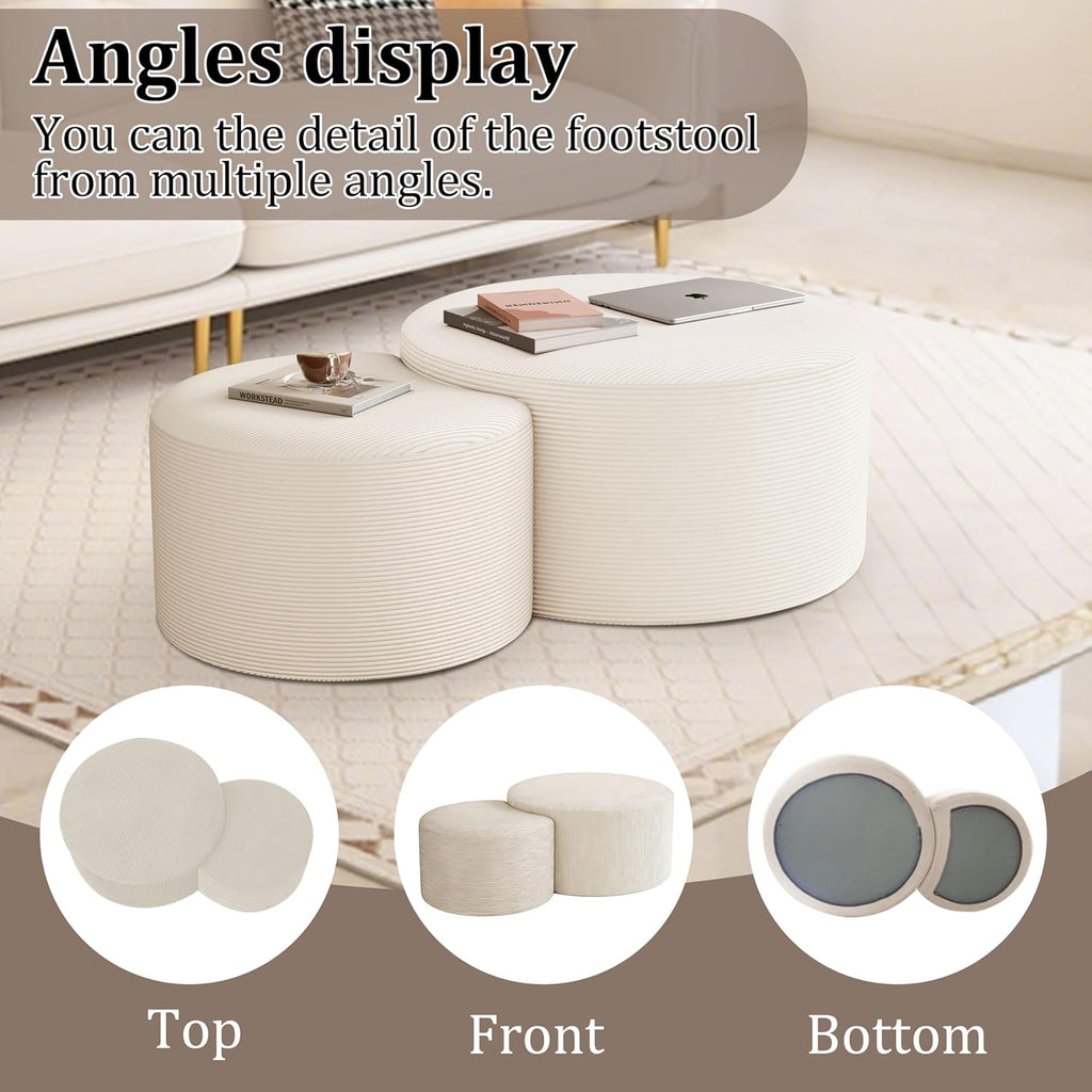BSHOMGI Round Coffee Table Set of 2, Movable Ottoman for Corduroy Cloud Sectional Couches Circle Foam Round Side Table for Living Room, Entryway Set, 32"+17" Footrest No Assembly (Beige, 32"+17")