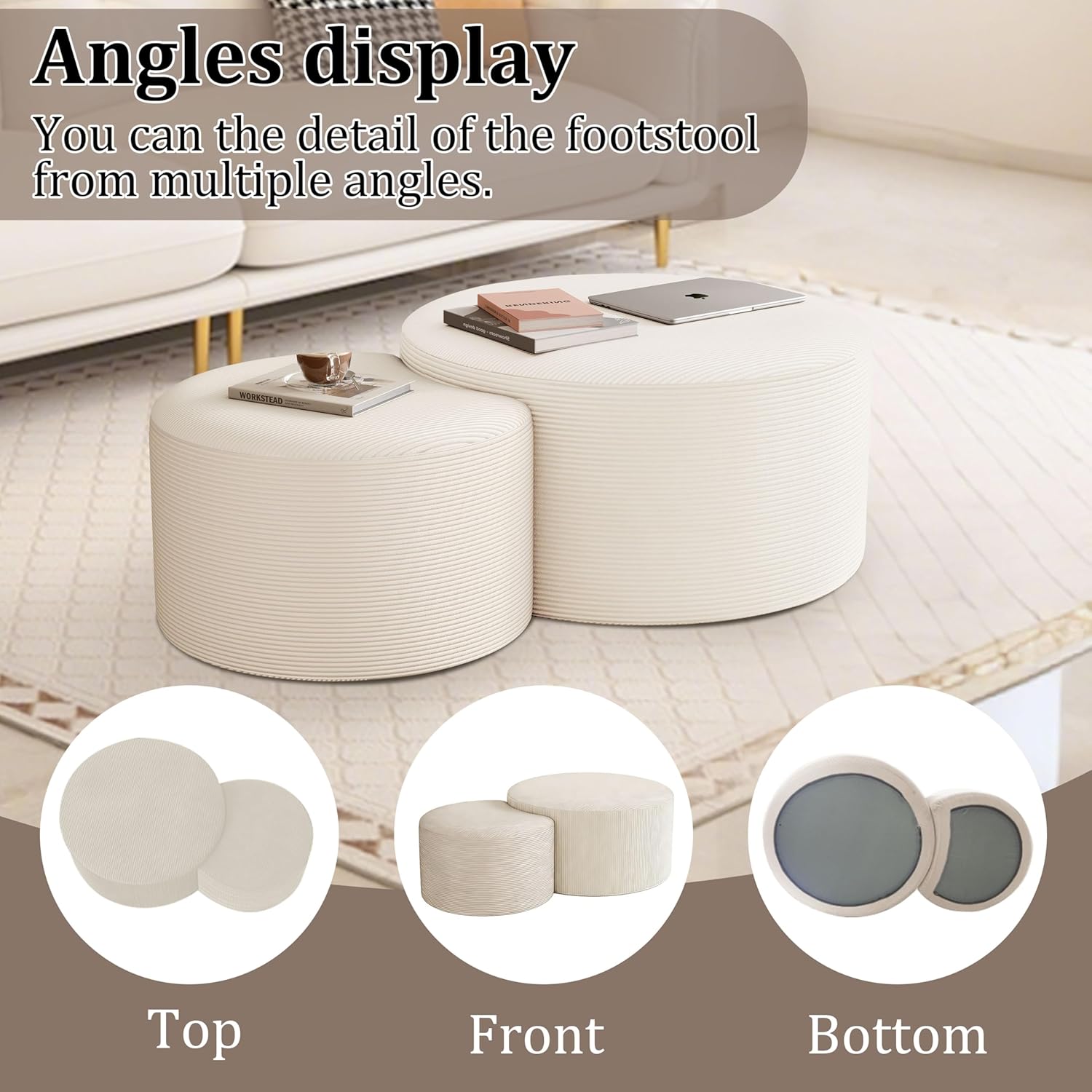 BSHOMGI Round Coffee Table Set of 2, Movable Ottoman for Corduroy Cloud Sectional Couches Circle Foam Round Side Table for Living Room, Entryway Set, 32"+17" Footrest No Assembly (Beige, 32"+17")