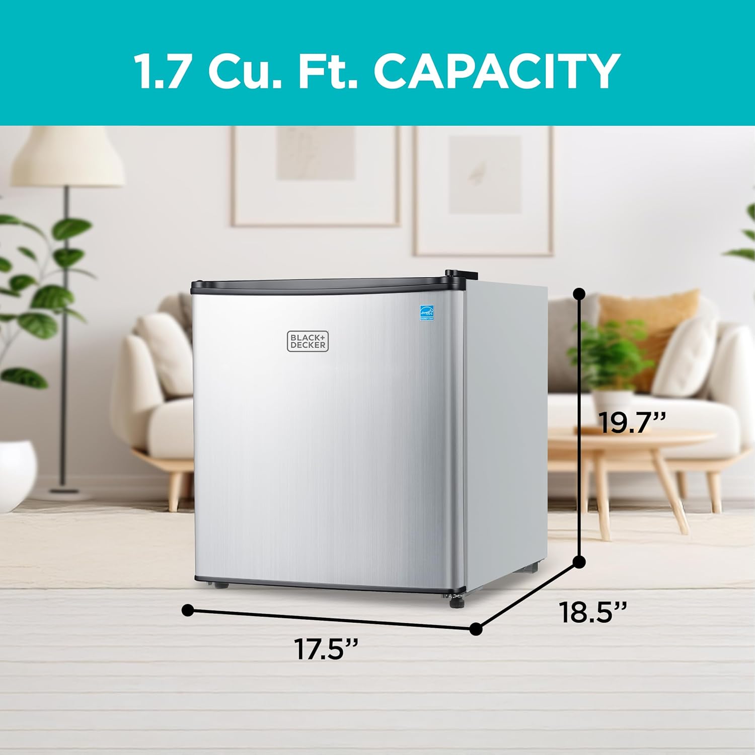 BLACK+DECKER 1.7 Cu. Ft. Compact Refrigerator, ENERGY STAR Certified, Single Door Mini Fridge with Chiller Compartment, Personal Fridge for Home or Dorm Room, R600a Refrigerant, BCRK17V,Stainless Look