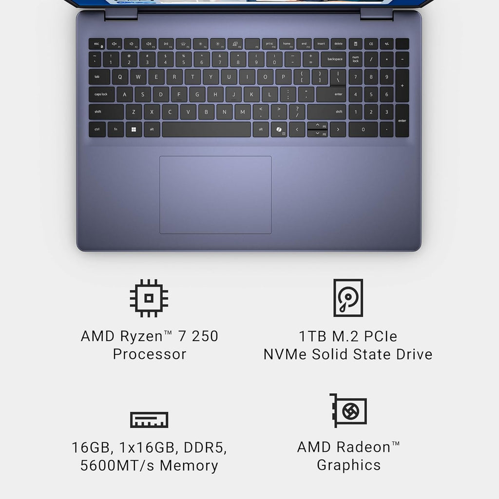 Dell 16 Laptop DC16256-16.0-inch 16:10 FHD+ Anti-Glare Non-Touch Display  AMD Ryzen 7 250  AMD Radeon Graphics  16GB Memory  1TB SSD  Backlit Keyboard with Fingerprint Reader  Windows 11 Home