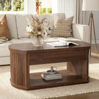 FABATO Oval Lift Top Coffee Table with Storage, Mid Century Modern Coffee Table for Living Room, 2 Tier Center Table with Lift-Top, 41.7" Fluted Wood Table for Reception Room, Home Office, Walnut