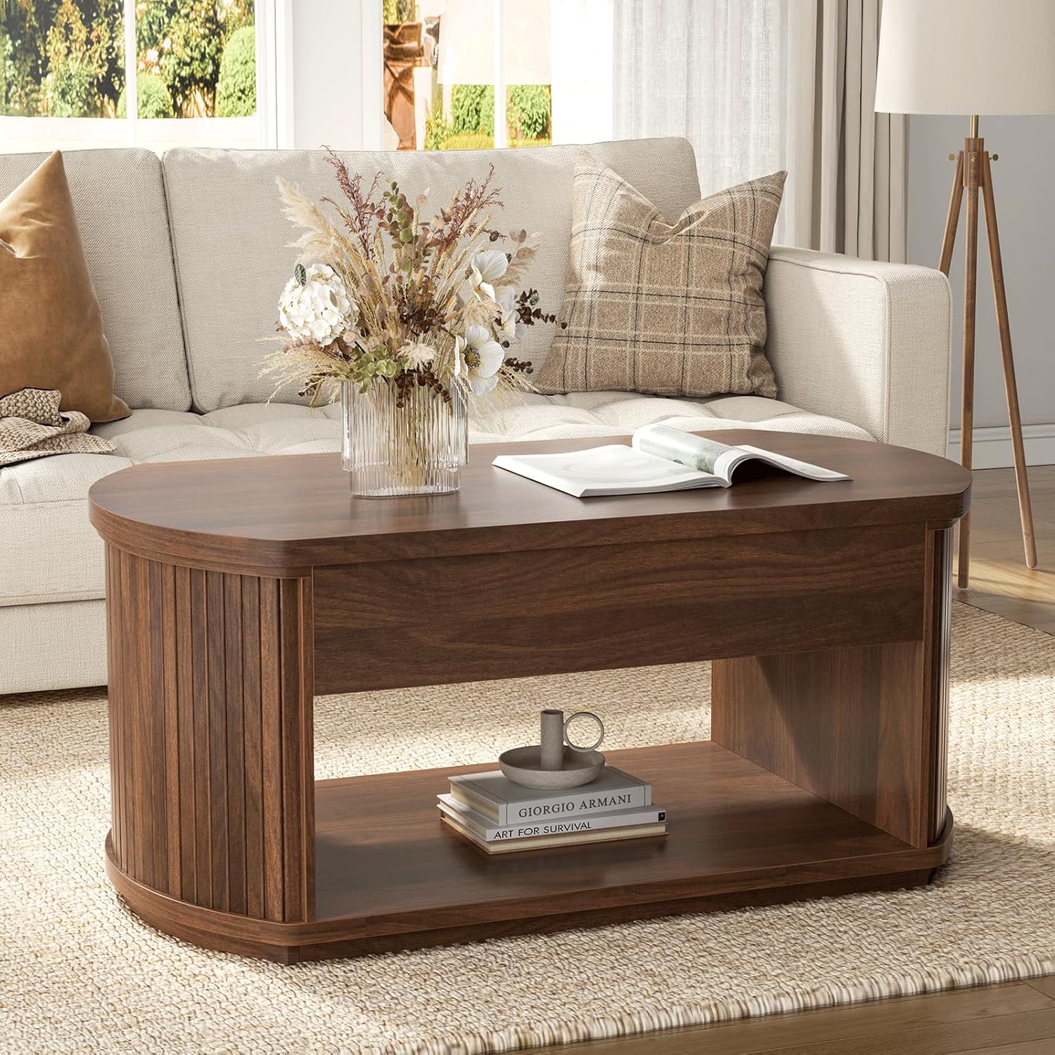 FABATO Oval Lift Top Coffee Table with Storage, Mid Century Modern Coffee Table for Living Room, 2 Tier Center Table with Lift-Top, 41.7" Fluted Wood Table for Reception Room, Home Office, Walnut