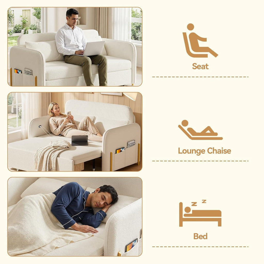 3-In-1 Convertible Sofa Bed with USB Ports, Pull Out Couch for Living Room Teddy Suede Fabric, Loveseat Sleeper Sofa with Side Pockets, 2 Pillows, Hide a Bed Couches for Small Spaces（US Fast Arrival）