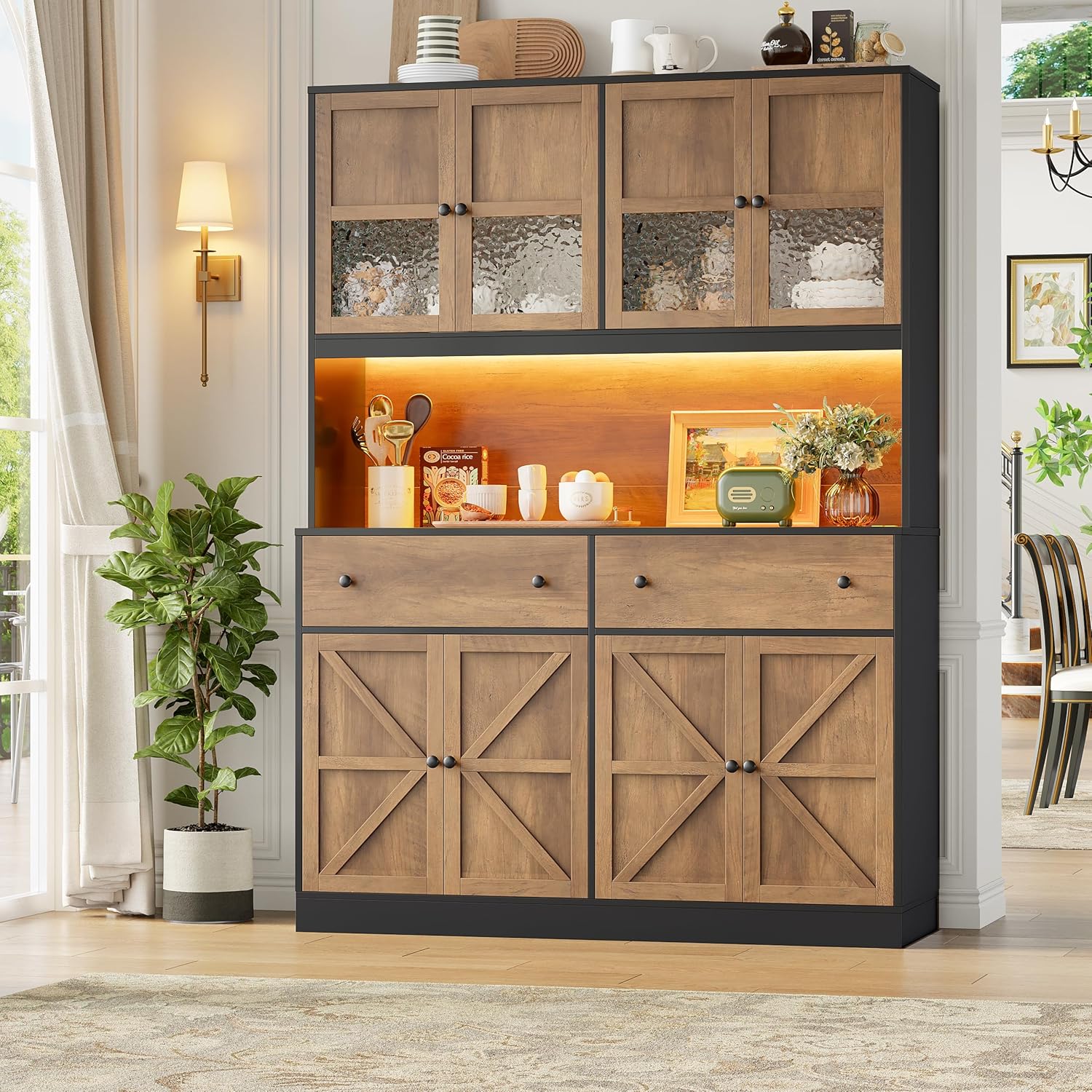 FINETONES 71" Pantry Cabinet with LED Light and Charging Station, Farmhouse Kitchen Pantry Cabinet with Microwave Stand, 47.2" Wide Kitchen Hutch Food Pantry with Open Countertop, Black/Brown