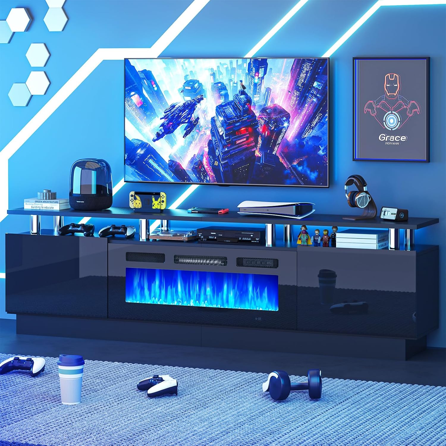 MXV 80" Fireplace TV Stand, Modern Entertainment Center & 36 Inch Electric Fireplace, Remote Control, LED Light, Fire Place Tv Stand for Living Room for TVs up to 90", Black + Black