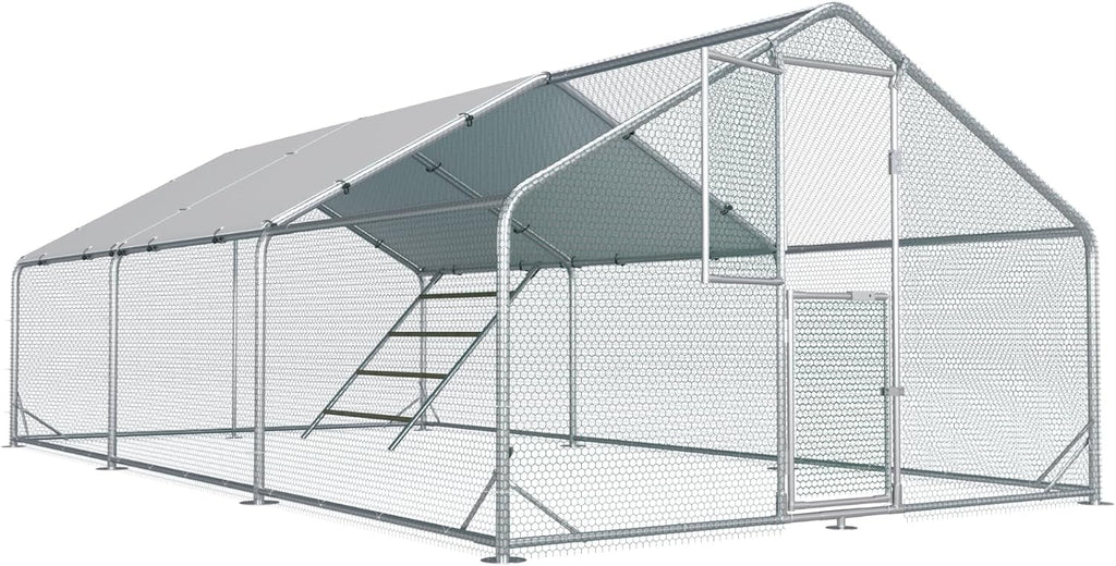 Large Chicken Coop Metal Chicken Run for Yard with Feeding Door Walk-in Chicken Pen for 20-30 Chickens Outdoor Poultry Cage with Anti-UV Cover Duck Rabbit House