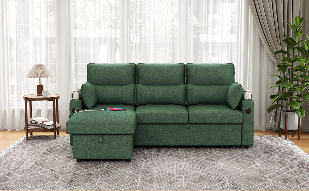 Sectional Sleeper Sofa with Pull Out Couch Bed, with Storage Chaise for Living Room, Comfy Linen Modular Sectional Sofa with Dual USB & Type-C, Cup Holders (Green, 81 Inches)