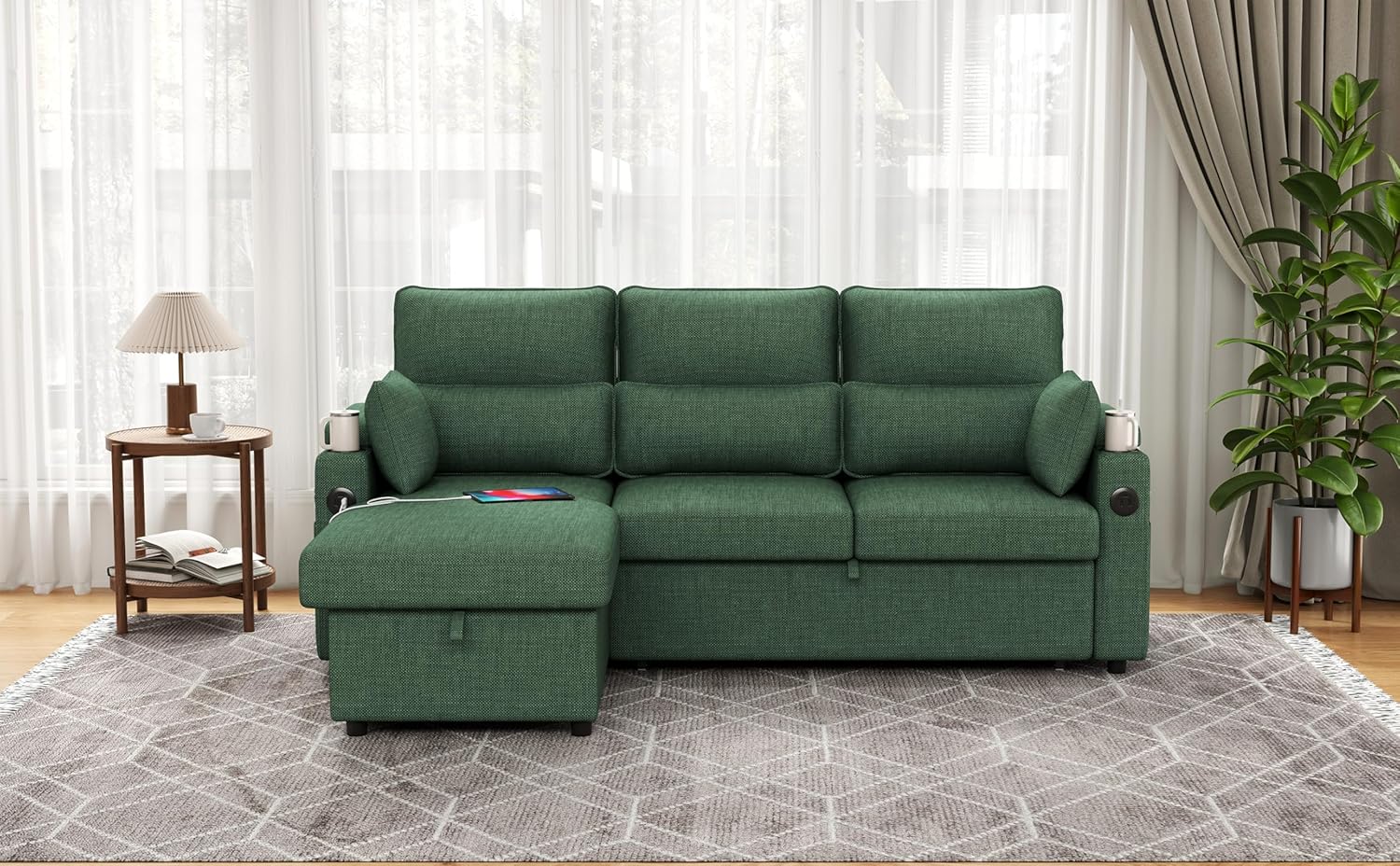 Sectional Sleeper Sofa with Pull Out Couch Bed, with Storage Chaise for Living Room, Comfy Linen Modular Sectional Sofa with Dual USB & Type-C, Cup Holders (Green, 81 Inches)