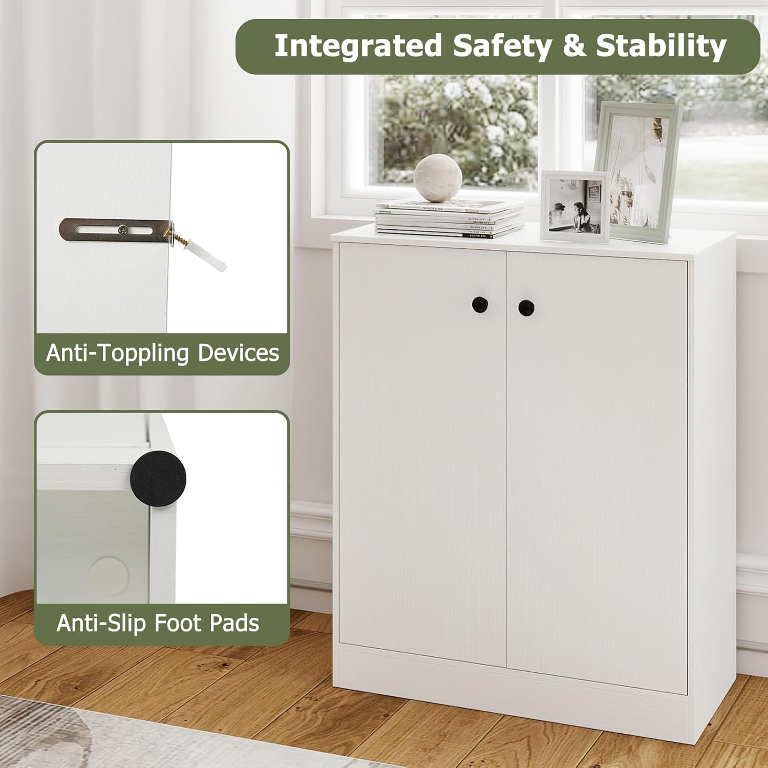Giantex 2 Door Storage Base Cabinet - Freestanding Floor Cabinet with 3-Tier Shelf, 28” x 13.5” x 33.5”, Non-Slip Foot Pads, Kitchen Cupboard Storage Organizer for Living Room, Entryway, Office