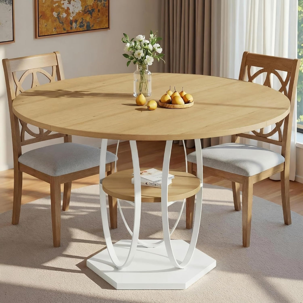 47.2" Round Dining Table for 4-6, Circle Kitchen Table with Open Storage Shelf, Modern Wooden Dinner Table with Metal Pedestal Base, Dining Room Tables for Kitchen Small Space, Natural Wood