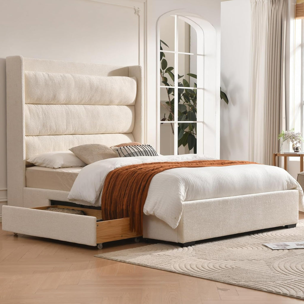 YUHUASHI Queen Storage Bed Frame with 63.4-inch High Headboard, Storage Drawers, Slatted Support, No Spring Mattress Required (Cream, Queen (U.S. Standard))
