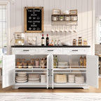 TEENFON 61" Farmhouse Buffet Cabinet with 2 Adjustable Shelves, Sideboard with 3 Drawers & 4 Doors, Rustic Storage Cabinet for Kitchen, Entryway, Coffee Bar, White