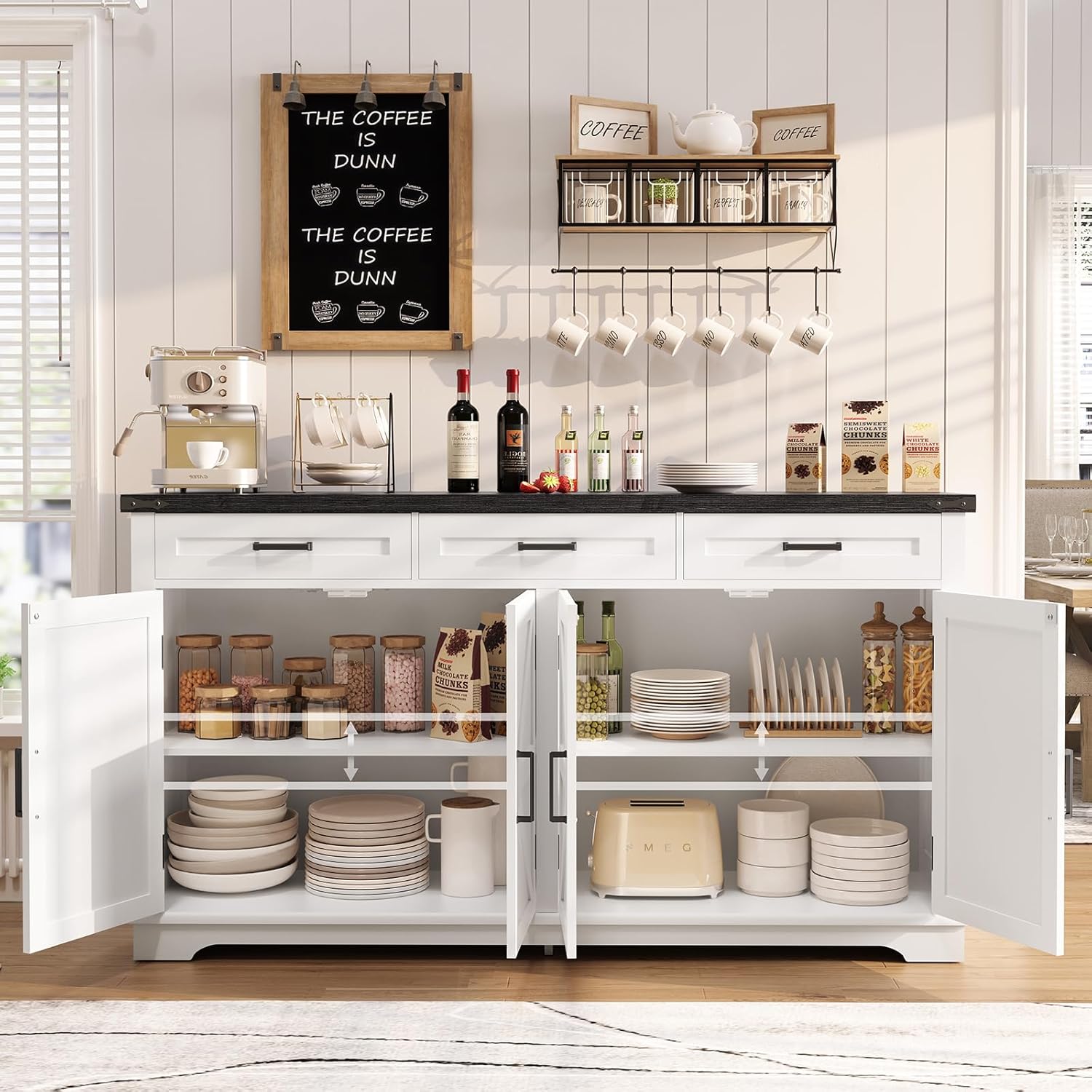 TEENFON 61" Farmhouse Buffet Cabinet with 2 Adjustable Shelves, Sideboard with 3 Drawers & 4 Doors, Rustic Storage Cabinet for Kitchen, Entryway, Coffee Bar, White