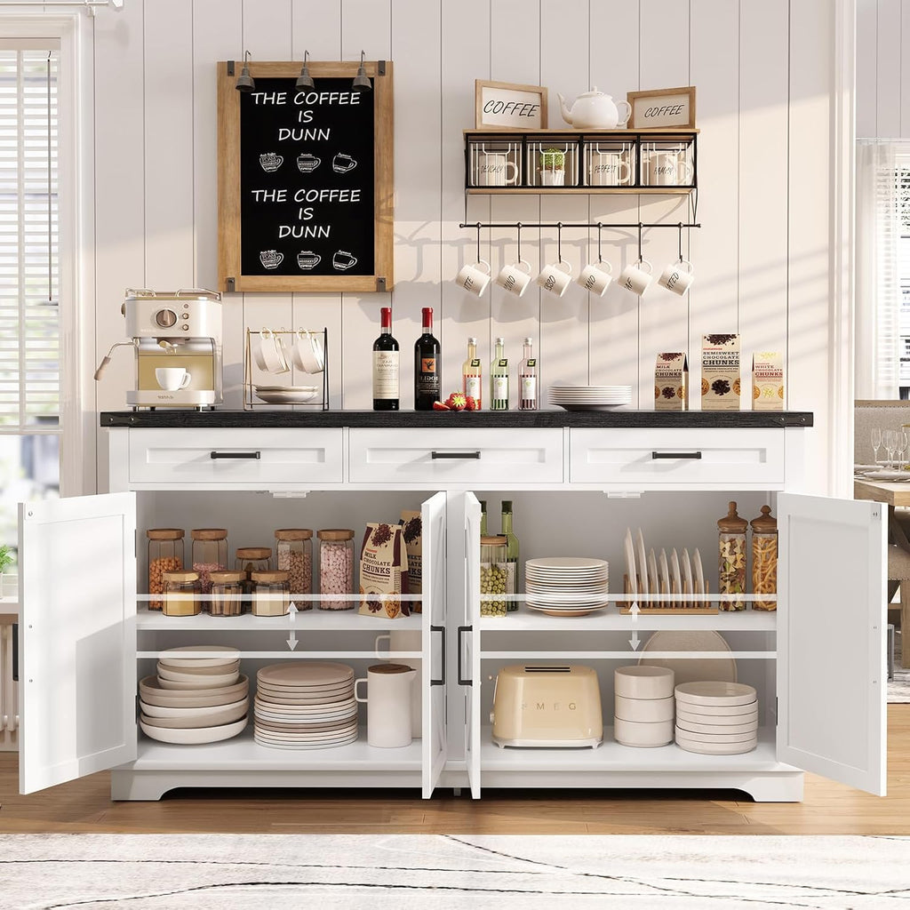 TEENFON 61" Farmhouse Buffet Cabinet with 2 Adjustable Shelves, Sideboard with 3 Drawers & 4 Doors, Rustic Storage Cabinet for Kitchen, Entryway, Coffee Bar, White