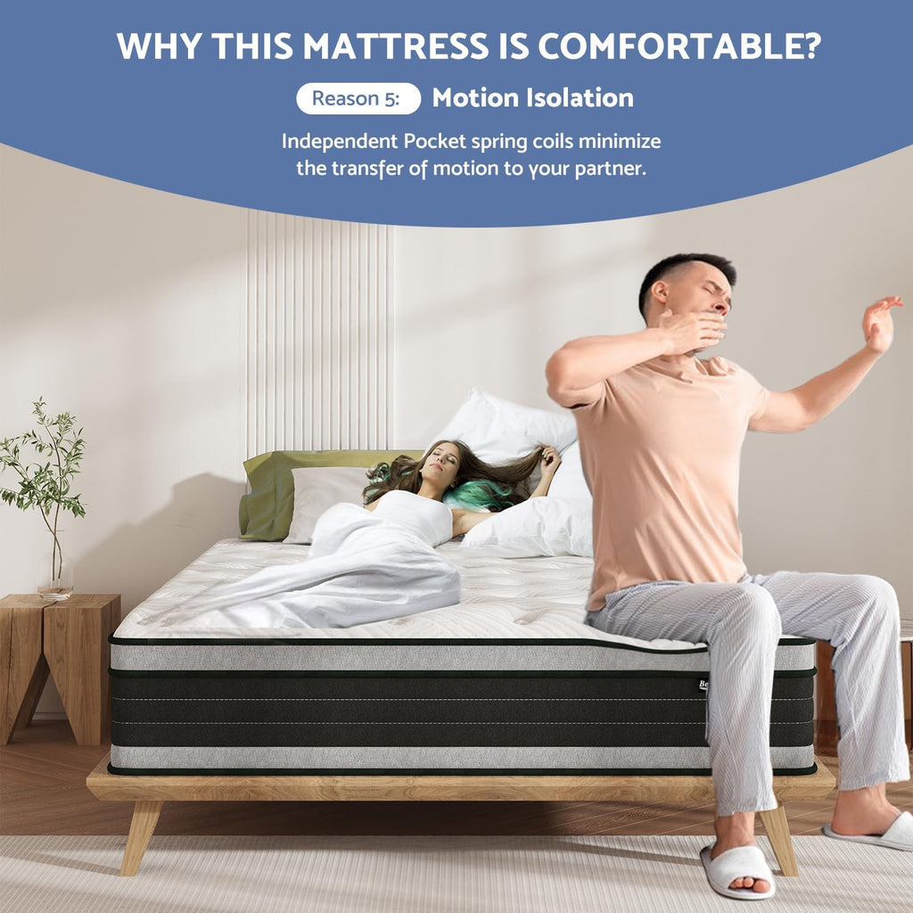 Queen Size Mattress, 14 Inch Hybrid Pillow Top Mattresses in a Box with Gel Memory Foam & Individually Pocket Coils, Medium Firm Mattress for Back Pain, Pressure Relief, Fiberglass Free