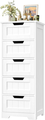 FOTOSOK Bathroom Cabinet, Bathroom Storage Cabinet with 5 Drawers, Wooden Storage Cabinets with Cut-Out Handles, 11.8” x 15.7” x 40.1” Bathrooms Floor Cabinets for Hallway/Living Room, White