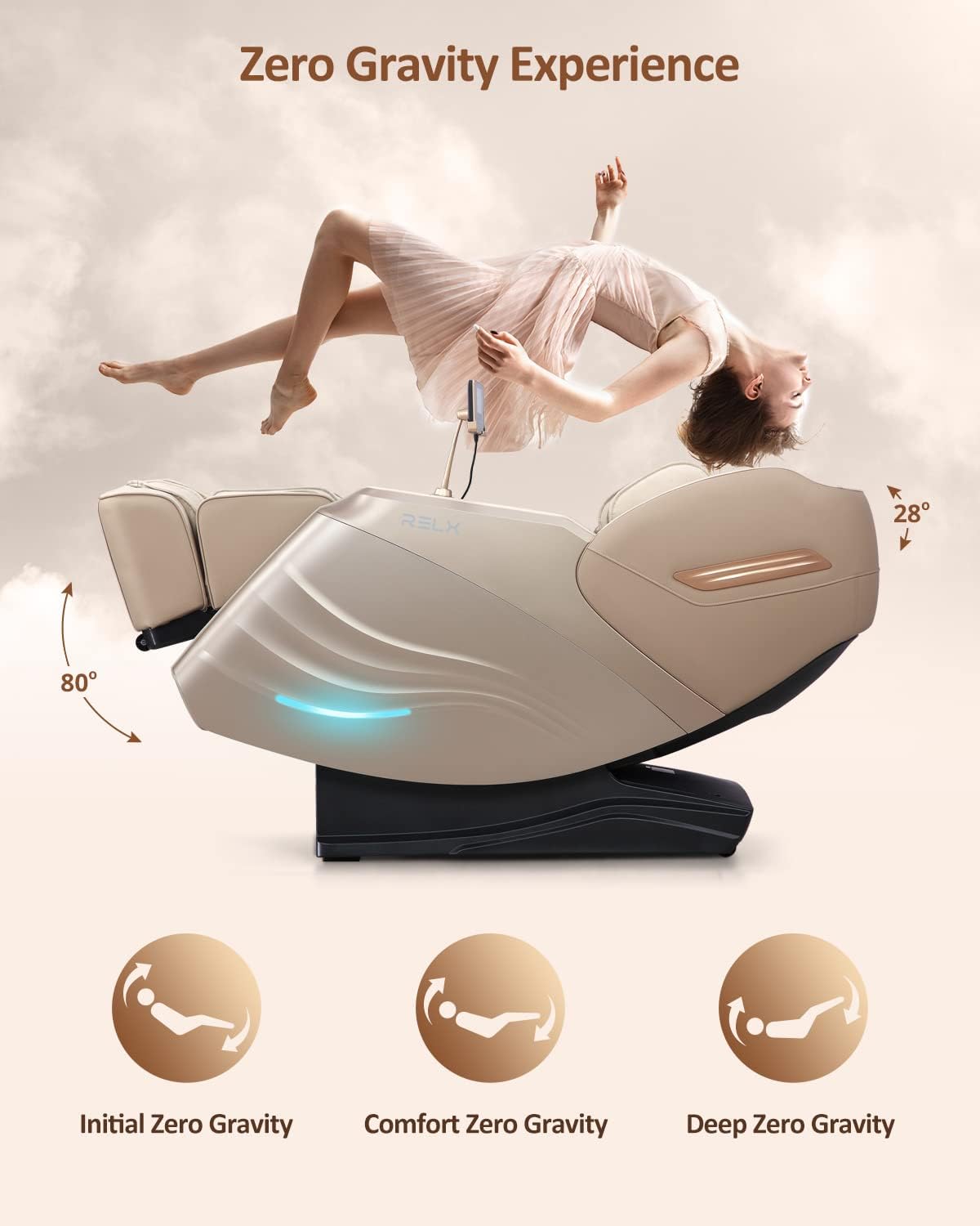 RELX Massage Chair Full Body, 15 Modes Zero Gravity SL-Track Shiatsu Massage Chair Built-in Heat System, Airbag Massage with Body Scan, Deep Yoga Stretch, Calfrest Extension and AI Control(Cream)