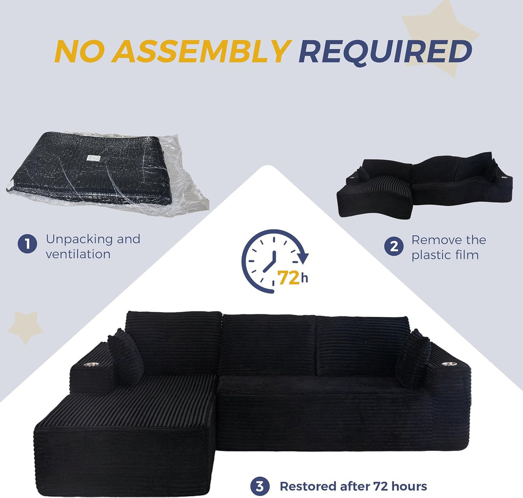 MAXYOYO 104" Modular Sectional Couch with L-Shape Chaise, Modern Boneless Couch for Living Room, Sofa in A Box, Oversized Sofa Sleeper with Deep Seat, No Assembly Required, Black