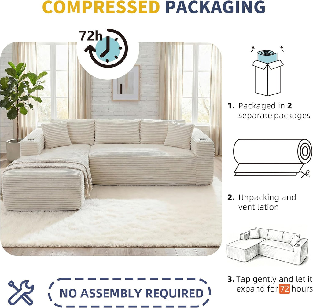 Shintenchi Boneless Couches for Living Room,Modular Sectional Sofa with 2 Cup Holders,Memory Foam Cloud Couch with L Shaped Oversized Chaise,No Assembly Needed Plush Corduroy Sofa