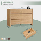 Modern 6 Drawers Dresser for Bedroom, 47" Wide Dresser w/Large Storage & Rounded Corner, Wood Handleless Chests of Drawers w/Natural Texture for Bedroom, Hallway, Living Room-Natural