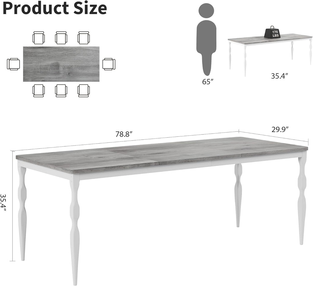78" Modern Dining Table with Heavy-Duty Metal Legs, Farmhouse Kitchen Table for 6-8 Family, Gray Wood Top with Spindle Design for Dining Room, Home Office, Apartment