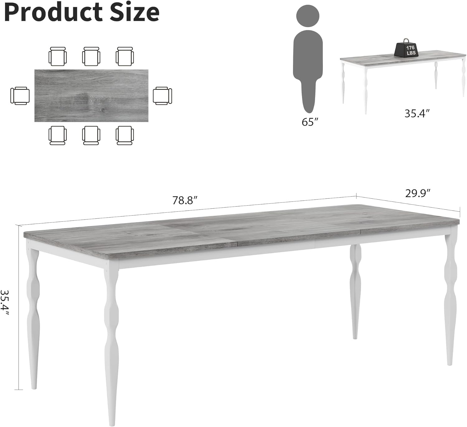 78" Modern Dining Table with Heavy-Duty Metal Legs, Farmhouse Kitchen Table for 6-8 Family, Gray Wood Top with Spindle Design for Dining Room, Home Office, Apartment
