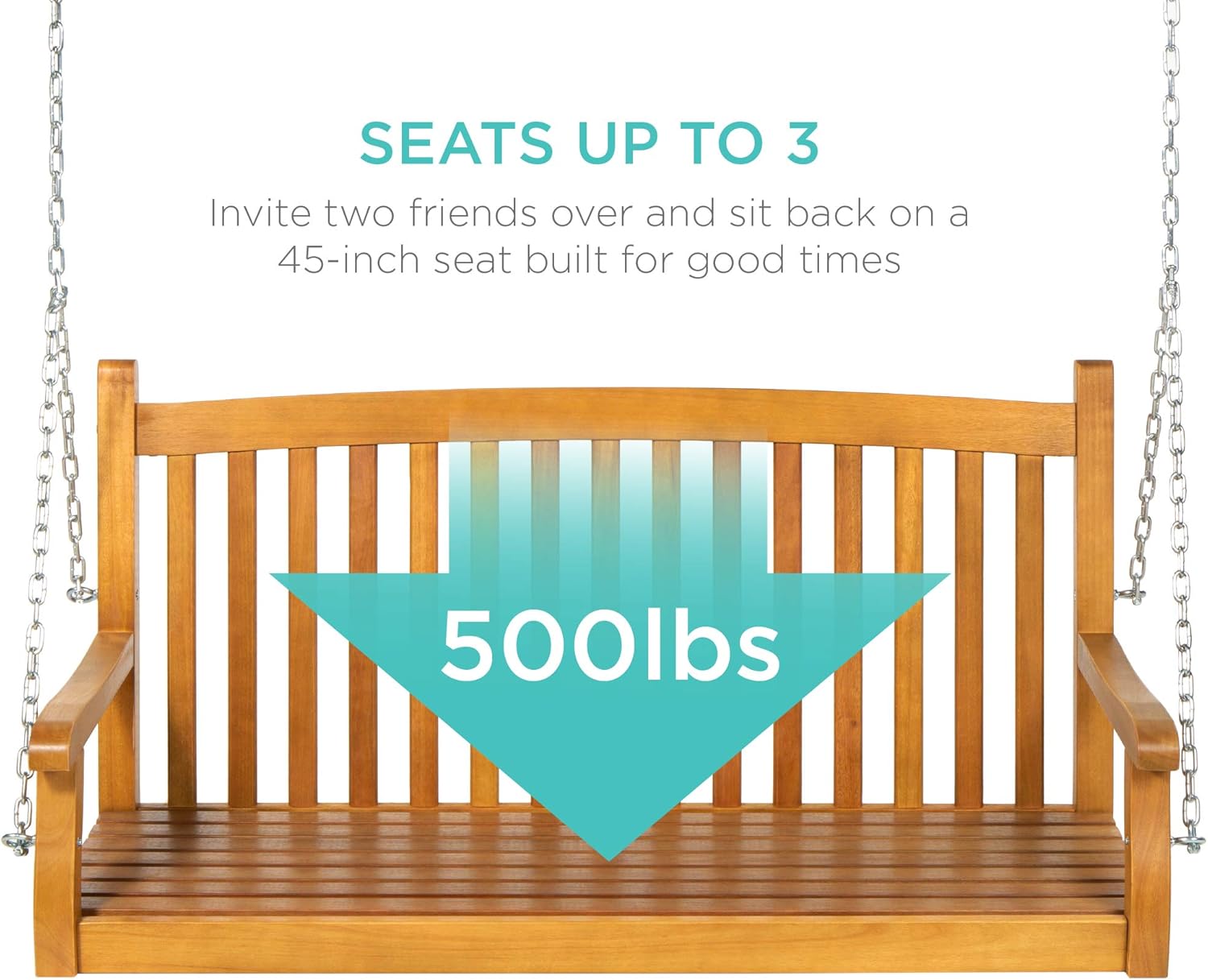 Best Choice Products 48in Wood Porch Swing Outdoor Patio Hanging Bench Chair Furniture for Deck, Garden, Yard w/Mounting Chains, Curved Back Design, 500lb Weight Capacity - Brown