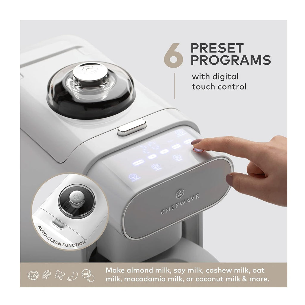 ChefWave Milkmade Soy Milk Maker – 6-in-1 Plant-Based Milk Machine for Almond, Oat, Soy, Cashew, Coconut & Macadamia – No Soaking, Auto-Clean, Delay Start, Glass Pitcher – White