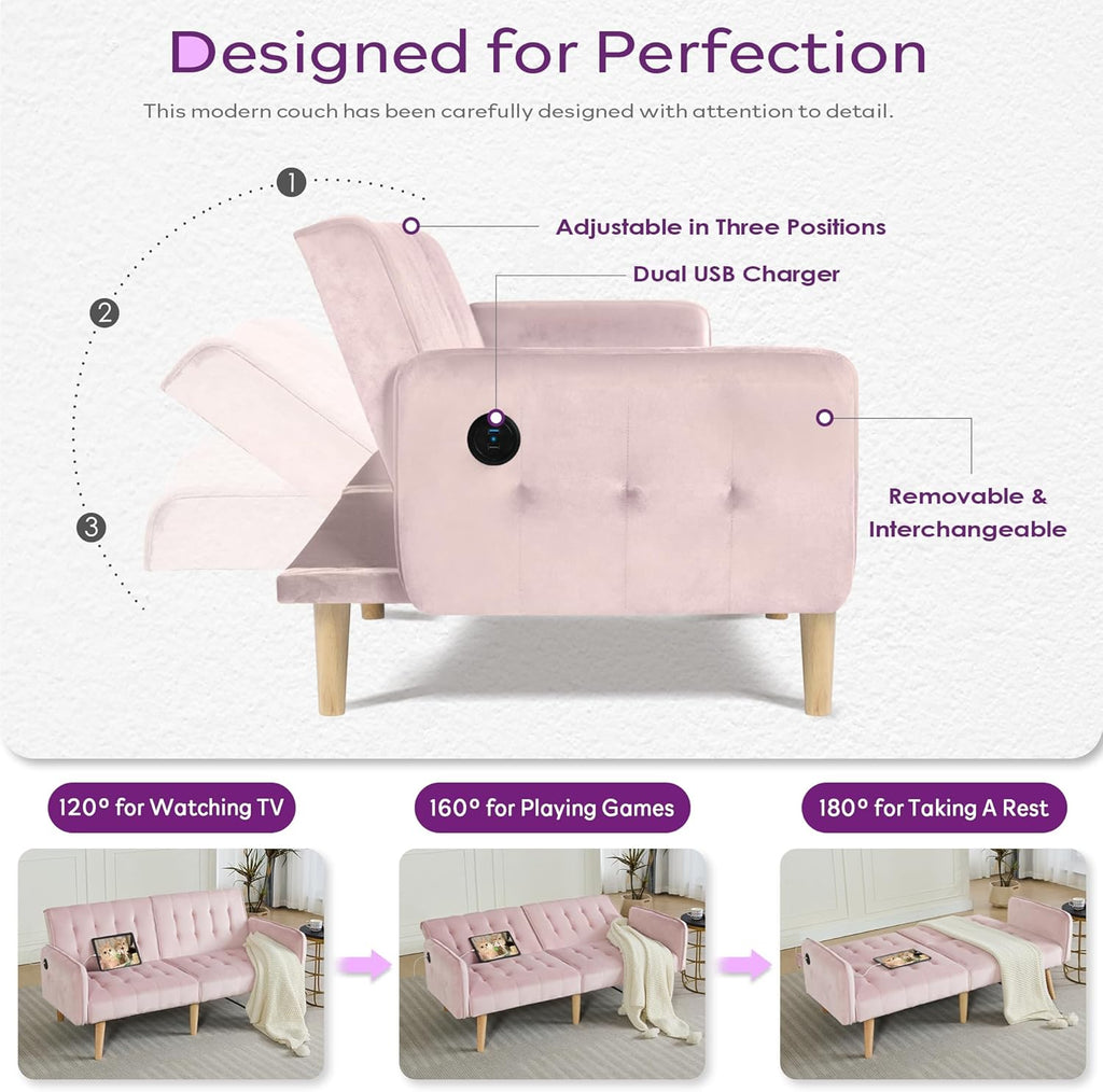 TYBOATLE 65" W Velvet Modern Convertible Folding Futon Couch Sofa Bed w/ 2 USB Charging Ports and arms, Loveseat for Compact Living Space, Dorm, Game Studio, Bonus Room, Apartment, Bedroom (Pink)