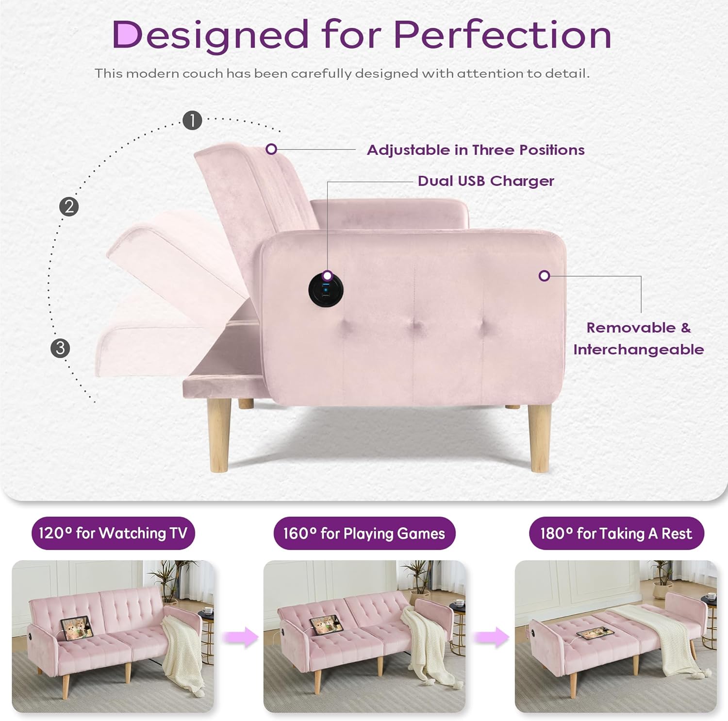 TYBOATLE 65" W Velvet Modern Convertible Folding Futon Couch Sofa Bed w/ 2 USB Charging Ports and arms, Loveseat for Compact Living Space, Dorm, Game Studio, Bonus Room, Apartment, Bedroom (Pink)