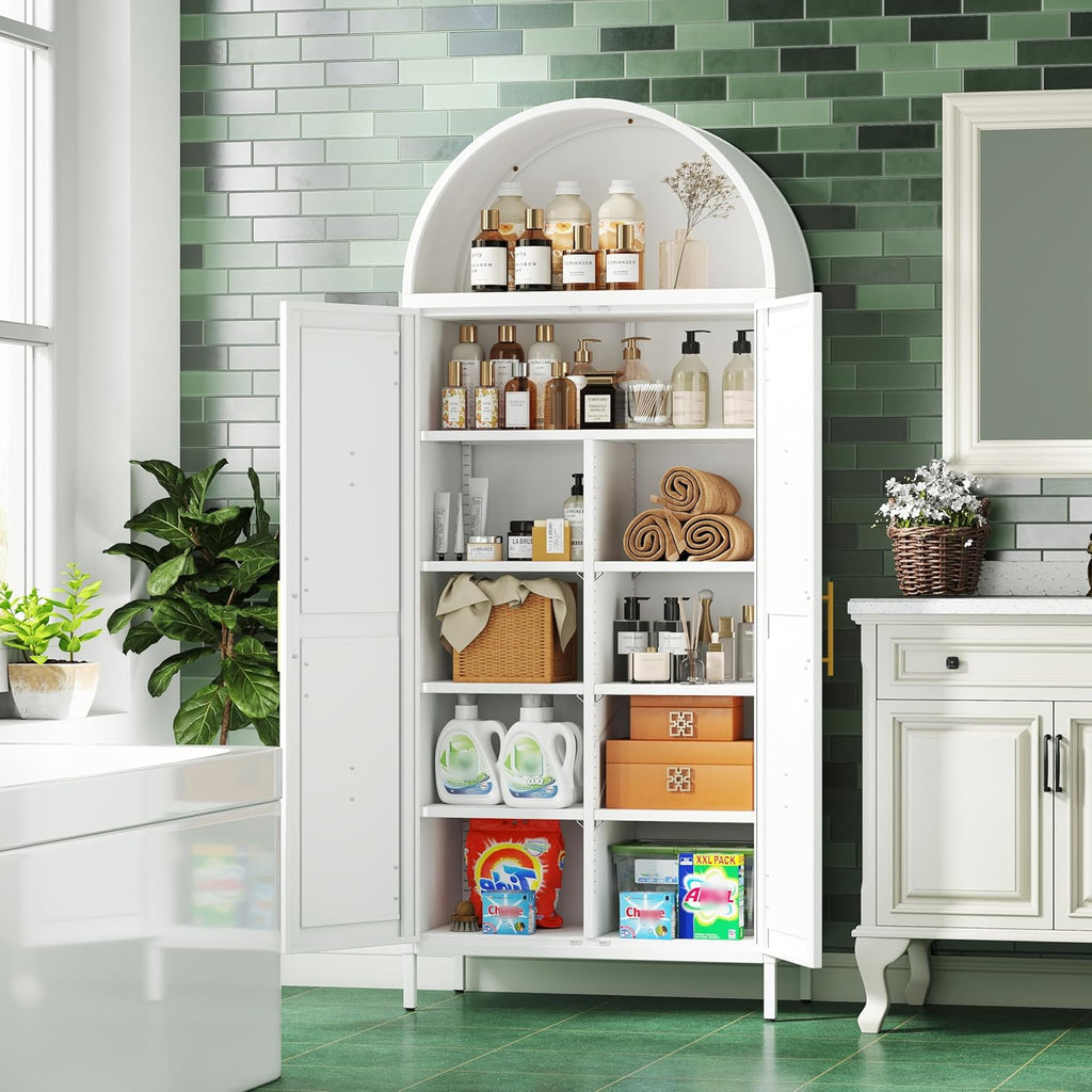 73" Tall Arched Kitchen Pantry Cabinet with 6 Adjustable Shelves, Farmhouse Metal Storage Cabinet with 2 Doors, Reinforced Rice-Shaped Embossed Panels, Tall Pantry Storage for Home Office
