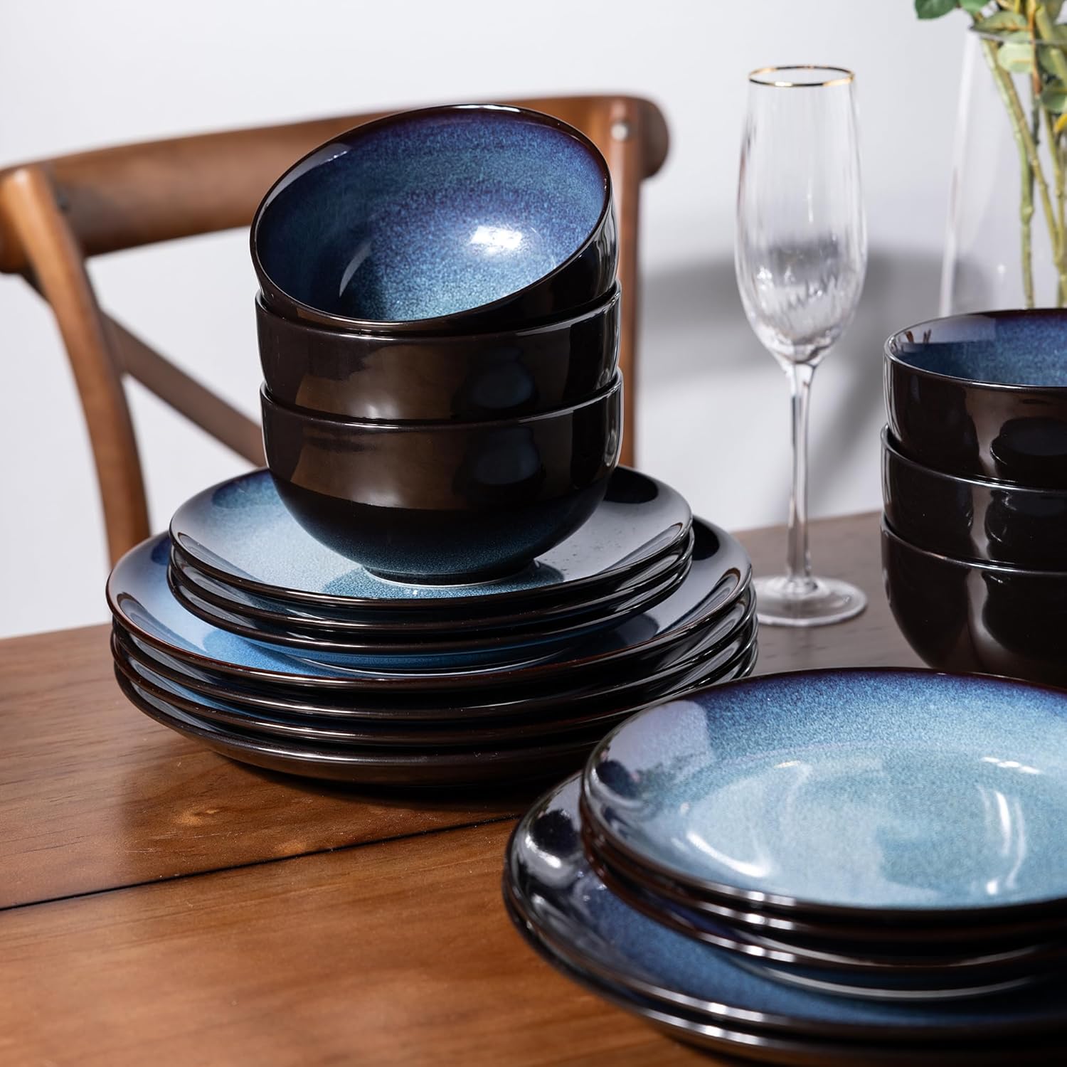 LeRatio Ceramic Dinnerware Sets for 6,Plates and Bowls Sets,Handmade Reactive Glaze Dishes Set,Chip Resistant and Scratch Resistant | Oven&Dishwasher & Microwave Safe-Blue(18PCS)