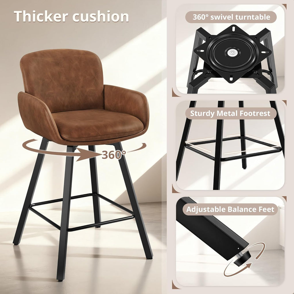LUE BONA 26" Swivel Bar Stools Set of 6, Counter Height Bar Stools with Backrest and Arms, Modern Upholstered Barstools with Metal Legs for Kitchen Island, Brown