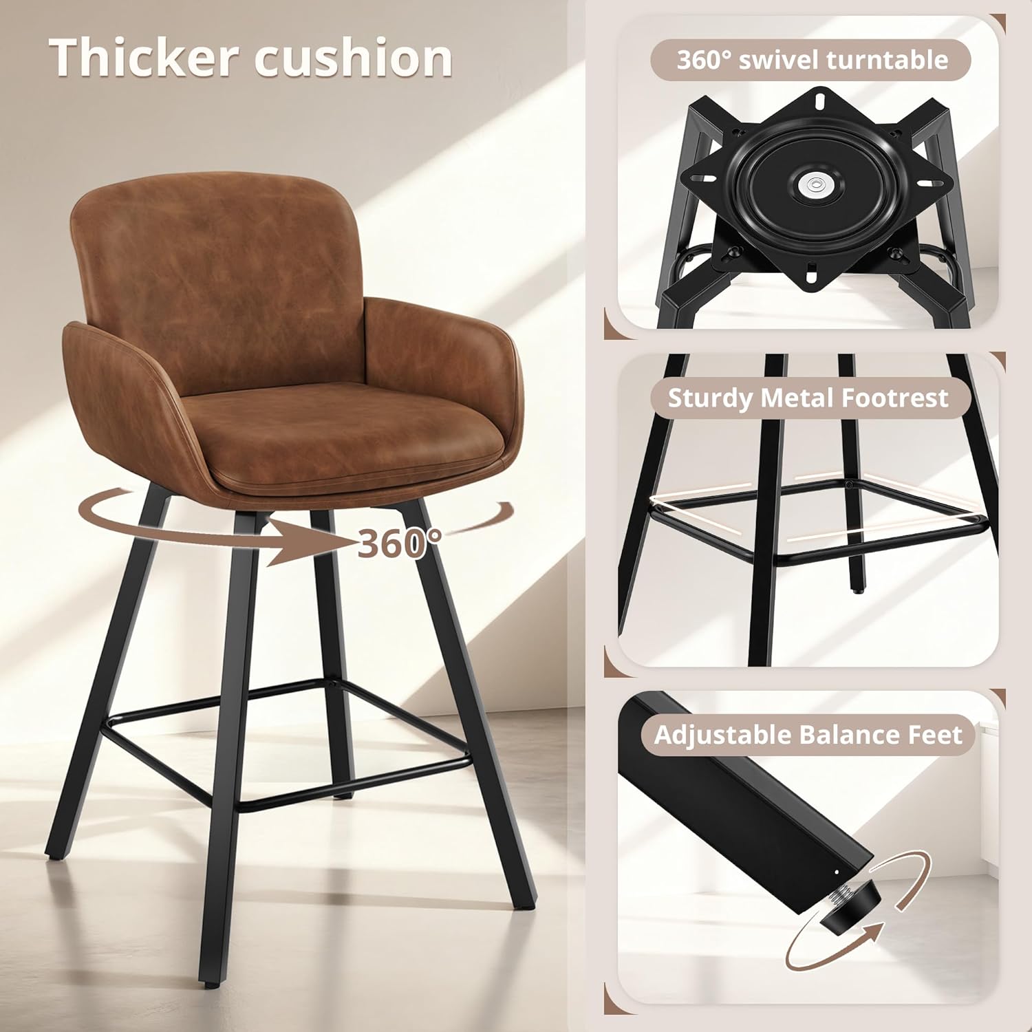 LUE BONA 26" Swivel Bar Stools Set of 6, Counter Height Bar Stools with Backrest and Arms, Modern Upholstered Barstools with Metal Legs for Kitchen Island, Brown