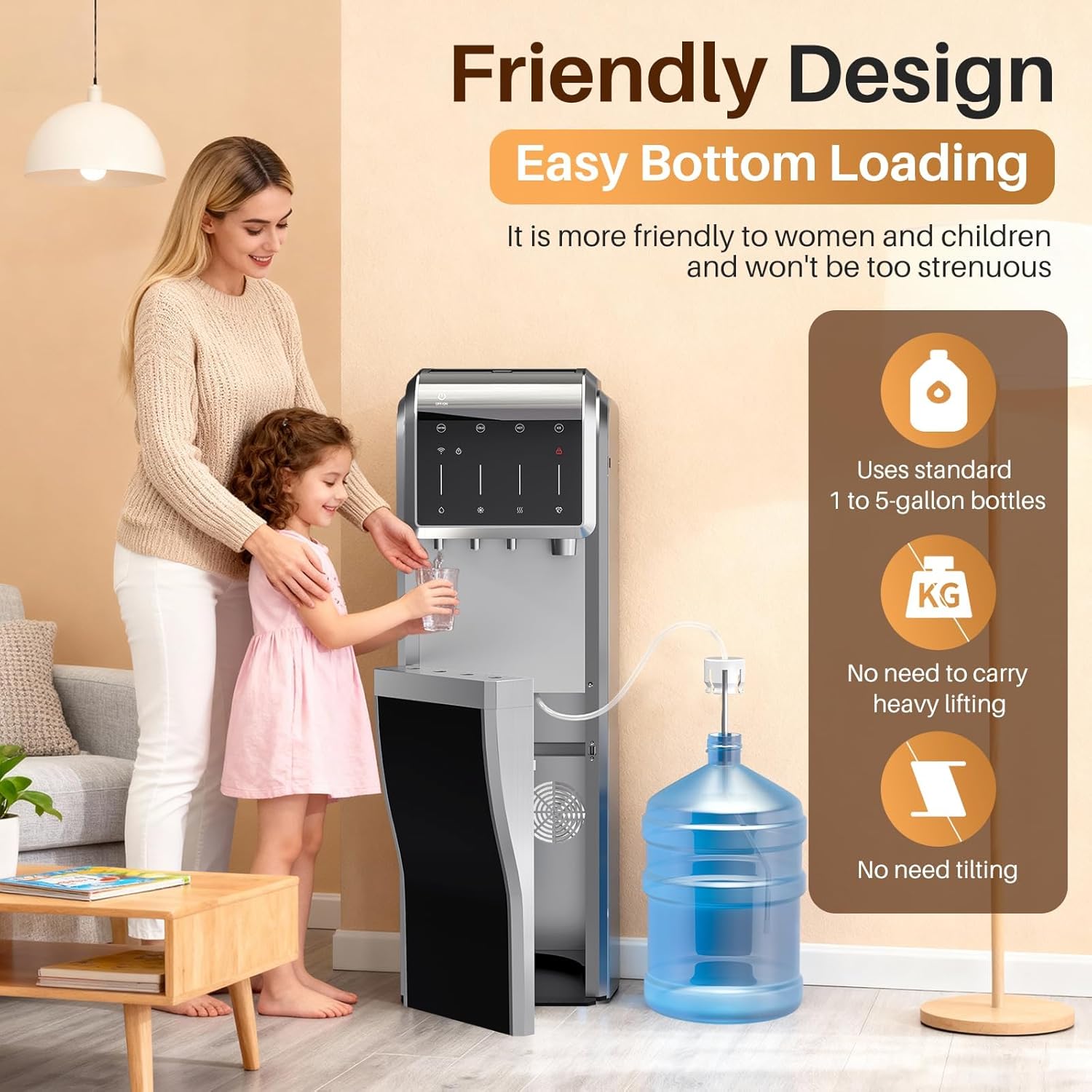 EXCELPURE 5-in-1 Bottom Loading Water Dispenser with Ice Maker, 3 Temperatures Settings - Hot, Cold and Room Water Cooler for 5 Gallon Bottle, Child Safety Lock, 35lbs/24H, WiFi, Stainless Steel